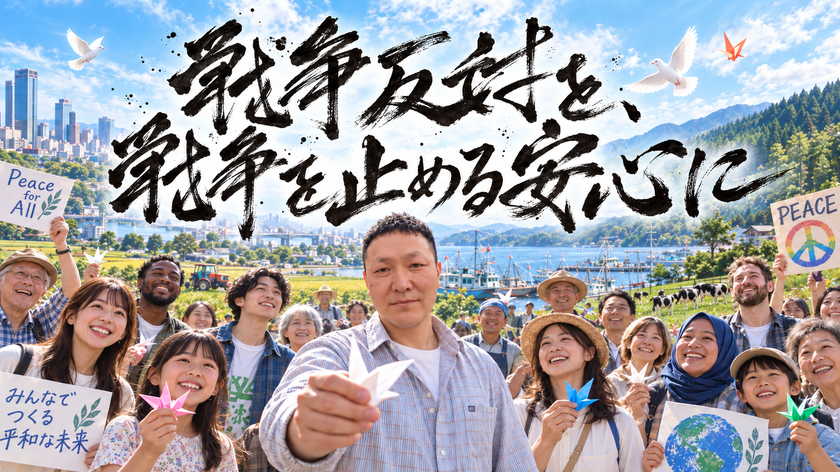 「戦争反対を、戦争を止める安心に」という力強い筆文字が中央に大きく描かれ、その下に、年齢や人種、文化的背景の異なる多様な人々が集まり、折り鶴や平和を願うメッセージを手にしている。中央には原田芳裕さんが立ち、白い折り鶴を差し出している。背景には、都市の高層建築、田畑と農業、漁船が並ぶ港、山林と林業、牛がいる牧草地などが広がり、社会のさまざまな営みを支える人々が共に平和をつくろうとする姿を表現している。青空には白い鳩が飛び、明るく前向きな雰囲気の横長16:9の実写風ビジュアル。