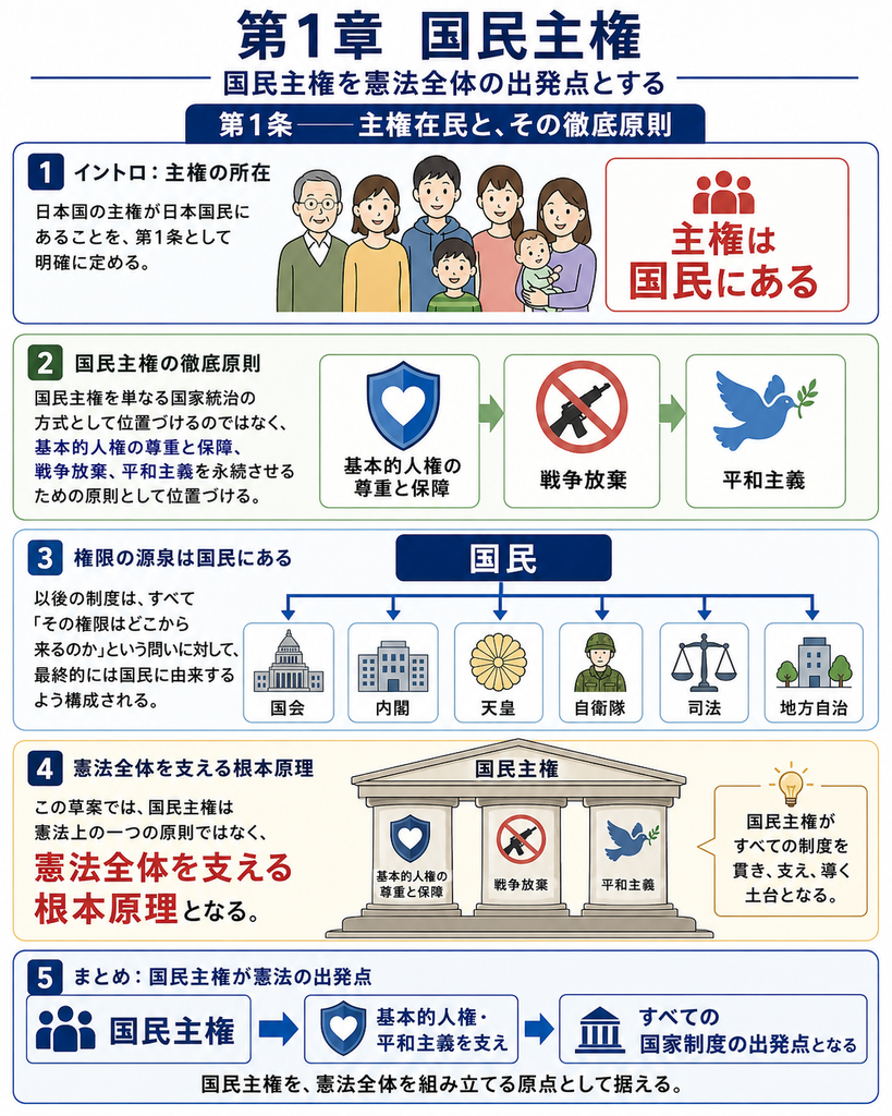 憲法改正草案が、国民主権・基本的人権の尊重・平和主義を発展させ、国会・内閣・司法・地方自治・天皇・自衛隊を国民主権から組み立て直す考え方を示した図解。自衛権の範囲、指揮権、防衛予算、違憲な武力行使を止める司法制度、人格権や働く人の安全、教育費、外国人の権利、知る権利、夫婦別姓などの保障を制度化し、「国民の権利と平和を守るために国家権力を制限する憲法」を目指すことを表している。