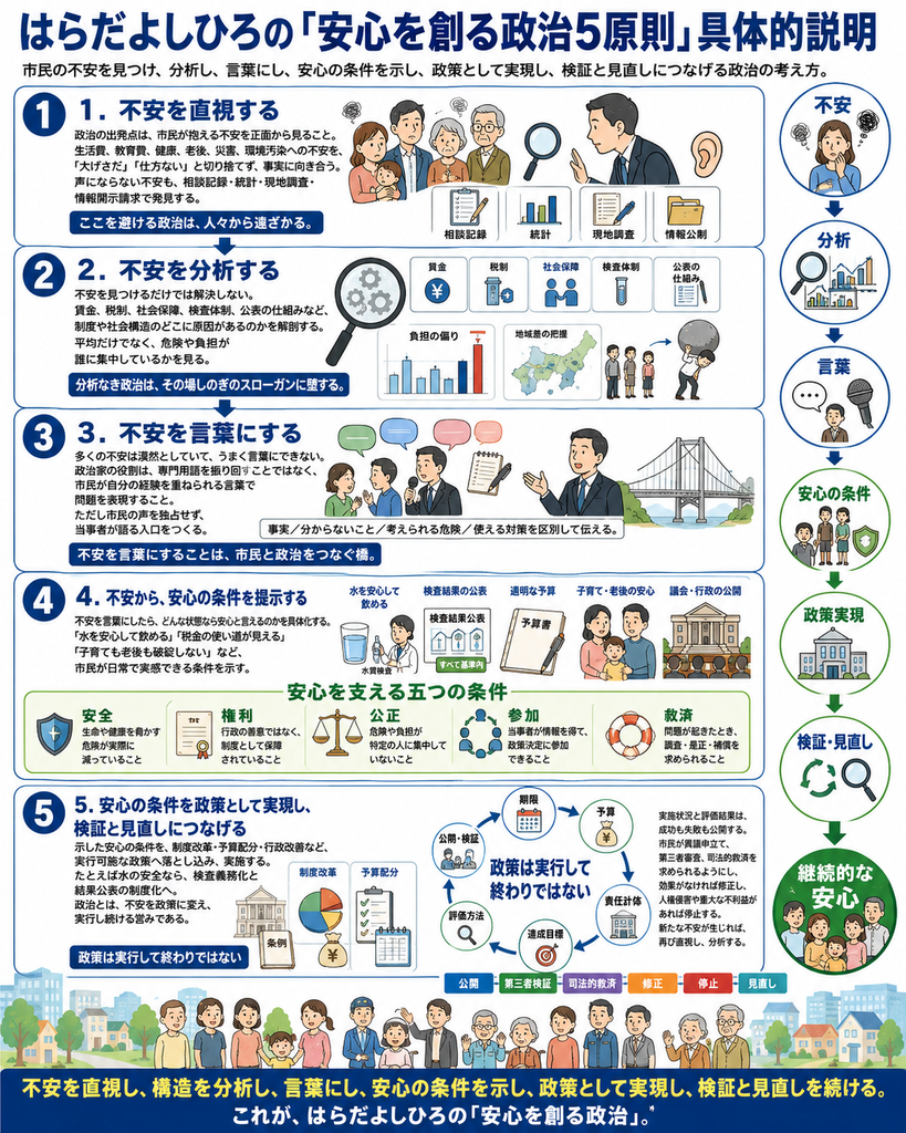 「はらだよしひろの『安心を創る政治5原則』具体的説明」をまとめたインフォグラフィック。市民が抱える不安を政治の出発点として、不安を直視し、原因を分析し、言葉にし、安心の条件を示し、政策として実現した後も検証と見直しを続けるという政治の循環を5段階で示している。
第1原則は「不安を直視する」。生活費の上昇、教育費、健康、老後、災害、環境汚染など、市民が抱える不安を「大げさ」「仕方ない」と切り捨てず、政治家が事実として受け止めることを示す。図には、不安を抱える子育て世代、高齢者、市民と、それに耳を傾ける政治家を配置。さらに、表面化した声だけでなく、相談記録、統計、現地調査、情報開示請求などを使い、行政に声を上げにくい人や、まだ言葉になっていない被害や不安を発見することも政治の責任であると表現している。
第2原則は「不安を分析する」。不安を発見するだけで終わらず、その原因を制度や社会構造まで掘り下げることを示す。生活苦なら賃金、税制、社会保障、水や環境への不安なら検査体制や公表の仕組みなど、問題を生み出している制度を分析する。図には虫眼鏡、歯車、賃金、税制、社会保障、検査体制、公表の仕組みを示すアイコンを配置。さらに棒グラフや地域図を使い、社会全体の平均だけでなく、危険や負担が特定の地域、階層、立場の人へ集中していないかを確認することを示している。「分析なき政治は、その場しのぎのスローガンに堕する」という考え方を視覚化している。
第3原則は「不安を言葉にする」。市民が「なんとなく将来が心配」「税金がどこに使われているのか分からない」など、漠然と感じている不安を、誰もが理解できる言葉へ変えることを示す。図には、市民との対話、吹き出し、マイク、政治家の説明、橋のイメージを配置し、不安を言葉にすることが市民と政治をつなぐ役割を持つことを表現している。ただし、政治家が市民の声を独占するのではなく、当事者自身が経験を語り、問題を定義し、解決方法を考えるための入口として言葉をつくることが重要である。確認できた事実、まだ分からないこと、考えられる危険、利用できる対策を区別して伝え、市民自身が判断できる情報にすることを示している。
第4原則は「不安から、安心の条件を提示する」。不安を指摘するだけではなく、「どのような状態になれば安心と言えるのか」を具体的に示すことを表す。例として、「水を安心して飲める」「検査結果が公開される」「予算の使い道が分かる」「子育ても老後も安心できる」「議会や行政の情報が公開される」といった状態を、コップの水、水質検査、検査結果の公開資料、予算書、家族、議会・行政庁舎のイラストで示している。
さらに「安心を支える五つの条件」として、「安全」「権利」「公正」「参加」「救済」を配置。「安全」は生命や健康を脅かす危険が実際に減っていること。「権利」は行政の善意ではなく制度として保障されていること。「公正」は危険や負担が特定の人に集中していないこと。「参加」は当事者が情報を得て政策決定に参加できること。「救済」は問題が起きたときに調査、是正、補償などを求められることを示している。安心を抽象的な約束ではなく、市民が確認できる政治目標にするという考えを表現している。
第5原則は「安心の条件を政策として実現し、検証と見直しにつなげる」。示した安心の条件を理想で終わらせず、制度改革、予算配分、行政改善、条例など具体的な政策へ落とし込むことを示す。図には行政庁舎、条例、予算配分、制度改革、実施計画などを配置。さらに「政策は実行して終わりではない」として、政策に期限、予算、責任主体、達成目標、評価方法を設定し、実施後に結果を公開・検証する循環を円形の図で表している。
政策実施後は、成功だけでなく失敗や未達成も公開し、市民による異議申立て、第三者検証、司法的救済を可能にすることを示す。効果がなければ政策を修正し、人権侵害や重大な不利益が確認されれば停止し、必要に応じて見直す。新たな不安が生じれば、再び第1原則の「不安を直視する」に戻り、原因を分析するという循環型の政治を表現している。
画像右側には、「不安」から「分析」「言葉」「安心の条件」「政策実現」「検証・見直し」を経て、「継続的な安心」へ向かう縦方向の流れを配置している。画像下部には、子ども、子育て世代、現役世代、高齢者など多様な市民と地域の街並みを描き、「不安を直視し、構造を分析し、言葉にし、安心の条件を示し、政策として実現し、検証と見直しを続ける。これが、はらだよしひろの『安心を創る政治』。」という全体の理念を示した図。