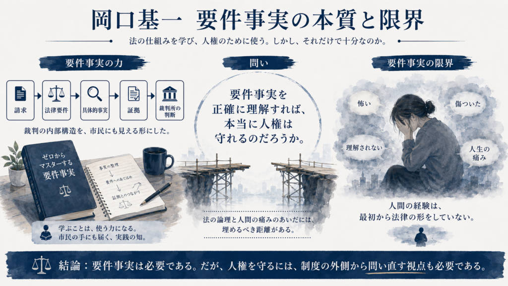 岡口基一氏の要件事実論の本質と限界を示した図解。左に「請求→法律要件→具体的事実→証拠→裁判所の判断」という裁判の構造と法律を学ぶ市民、中央に未完成の橋と「要件事実を正確に理解すれば、本当に人権は守れるのだろうか」という問い、右に「怖い」「傷ついた」「理解されない」「人生の痛み」を抱える人物を配置。要件事実は司法を理解するために必要だが、人権を守るには制度の外側から問い直す視点も必要であることを表している。