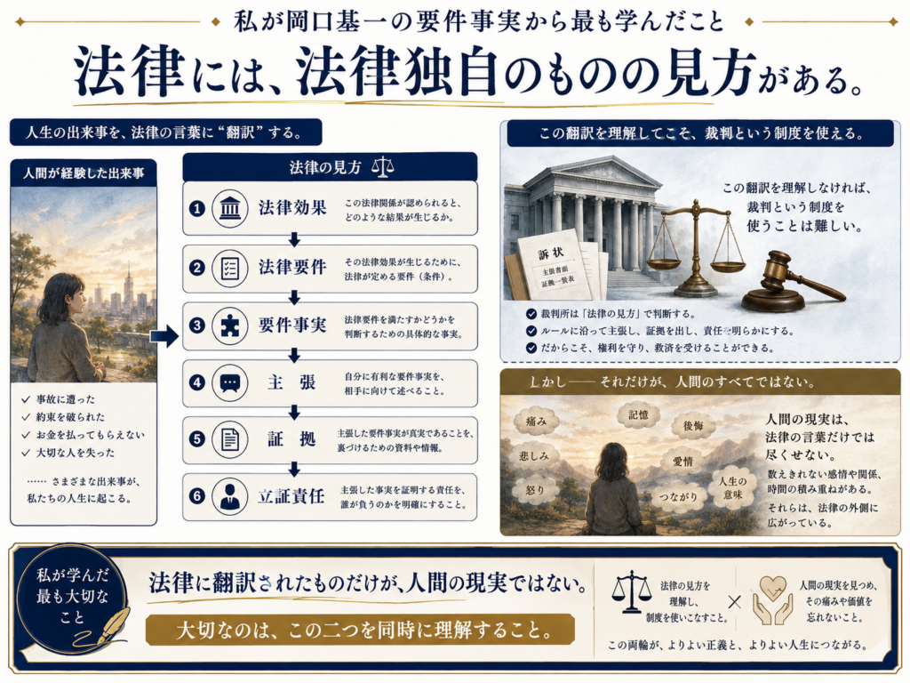 岡口基一氏の要件事実から学んだ最も重要なことを図解した画像。中央には「法律には、法律独自のものの見方がある」と大きく示され、左側では人間の経験した出来事が、法律効果、法律要件、要件事実、主張、証拠、立証責任という法的構造へ翻訳されていく流れを説明している。右上では、その翻訳を理解して初めて裁判という制度を使えることを示し、右下では、痛み、悲しみ、怒り、記憶、後悔、愛情、つながりなど、人間の現実は法律の言葉だけでは尽くせないことを表している。下部では、法律に翻訳されたものだけが人間の現実ではなく、その両方を同時に理解することが大切だとまとめている。