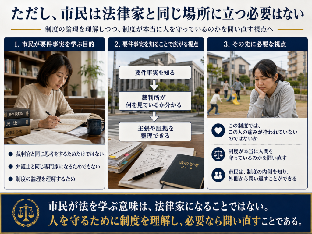 「市民は法律家と同じ場所に立つ必要はない」という主題の実写風図解。左では、市民の女性が自宅で法律書を読みながら要件事実を学んでおり、その目的は裁判官や弁護士と同じ専門家になることではなく、制度の論理を理解することだと示している。中央では、裁判所の建物を背景に、「要件事実を知る→裁判所が何を見ているか分かる→主張や証拠を整理できる」という流れを図示している。右では、公園のような市民生活の場で、悩む女性の姿を通して、「この制度ではこの人の痛みが拾われていないのではないか」と問い直す視点を表現している。下部では、市民が法を学ぶ意味は法律家になることではなく、人を守るために制度を理解し、必要なら問い直すことだとまとめている。