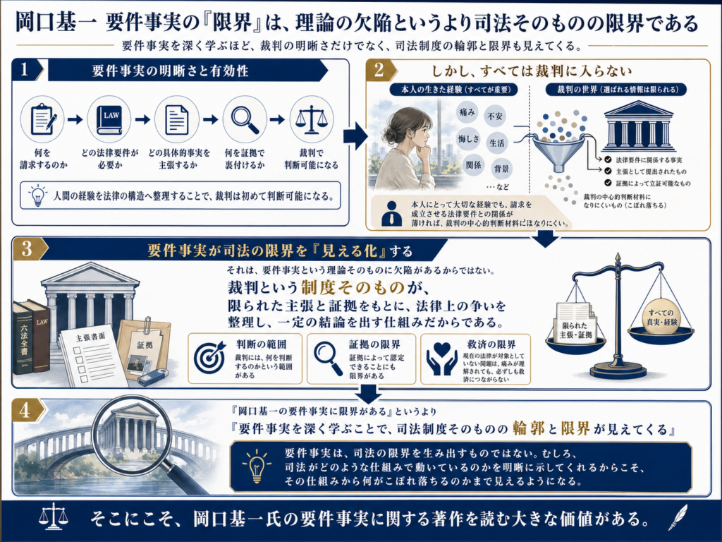 岡口基一氏の要件事実の「限界」は理論の欠陥ではなく、司法制度そのものの限界であることを説明する図解。上段左では、要件事実の明晰さと有効性として、「何を請求するのか」「どの法律要件が必要か」「どの具体的事実を主張するか」「何を証拠で裏付けるか」という流れを示し、裁判が判断可能になる仕組みを説明している。上段右では、本人の痛み、不安、悲しみ、生活、背景など多くの経験のうち、法律要件に関係する事実、主張された事実、証拠で立証できる事実だけが裁判で扱われる様子を、漏斗の図で表している。中段では、要件事実が司法の限界を「見える化」するものだとして、裁判制度は限られた主張と証拠をもとに争いを整理し、一定の結論を出す仕組みであること、そこには判断の範囲、証拠の限界、救済の限界があることを示している。下段では、「岡口基一の要件事実に限界がある」というより、「要件事実を深く学ぶことで司法制度そのものの輪郭と限界が見えてくる」とまとめ、要件事実は司法の限界を生み出すのではなく、司法の仕組みと、そこからこぼれ落ちるものを見えるようにすることに価値があると伝えている。