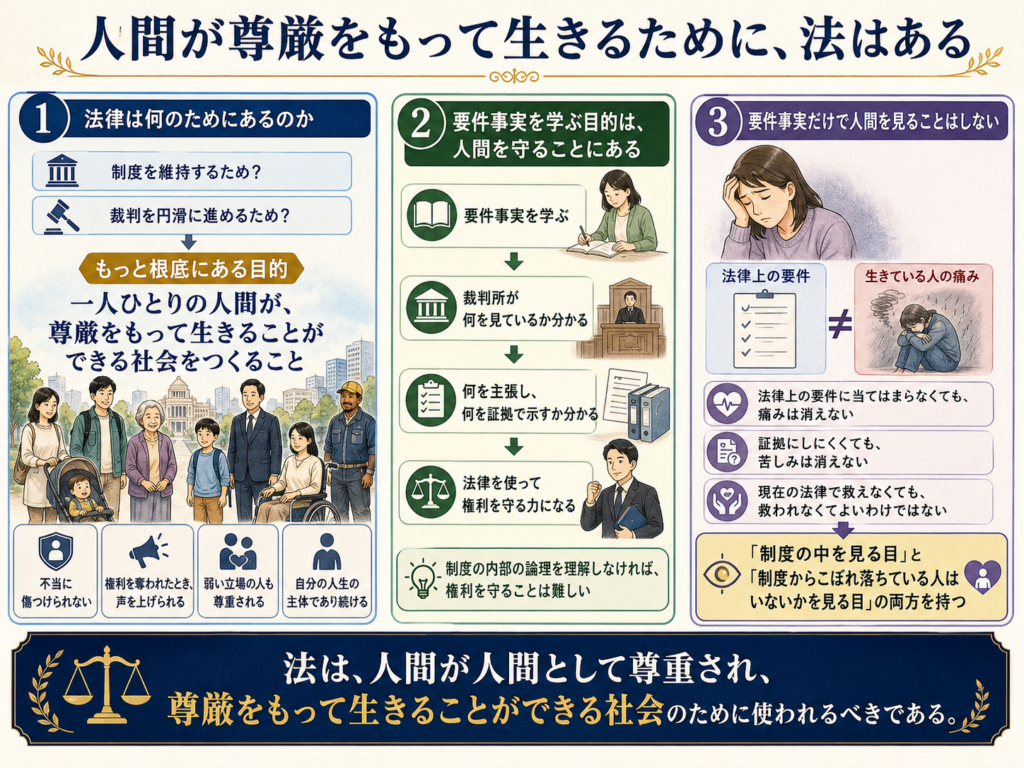 「人間が尊厳をもって生きるために、法はある」という主題の図解。左の欄では、法律は制度維持や裁判の円滑な進行だけでなく、一人ひとりが尊厳をもって生きられる社会をつくるためにあることを、多様な市民のイラストとともに示している。中央の欄では、「要件事実を学ぶ目的は、人間を守ることにある」として、要件事実を学ぶことで裁判所が何を見ているか、何を主張し何を証拠で示すべきかが分かり、法律を使って権利を守る力になる流れを示している。右の欄では、要件事実だけで人間を見ることはしないとし、法律上の要件に当てはまらなくても痛みは消えず、証拠にしにくくても苦しみは消えず、現在の法律で救えなくても救われなくてよいわけではないことを説明している。全体として、制度の中を見る目と、制度からこぼれ落ちている人がいないかを見る目の両方を持ち、法は人間が人間として尊重され、尊厳をもって生きられる社会のために使われるべきだとまとめている。