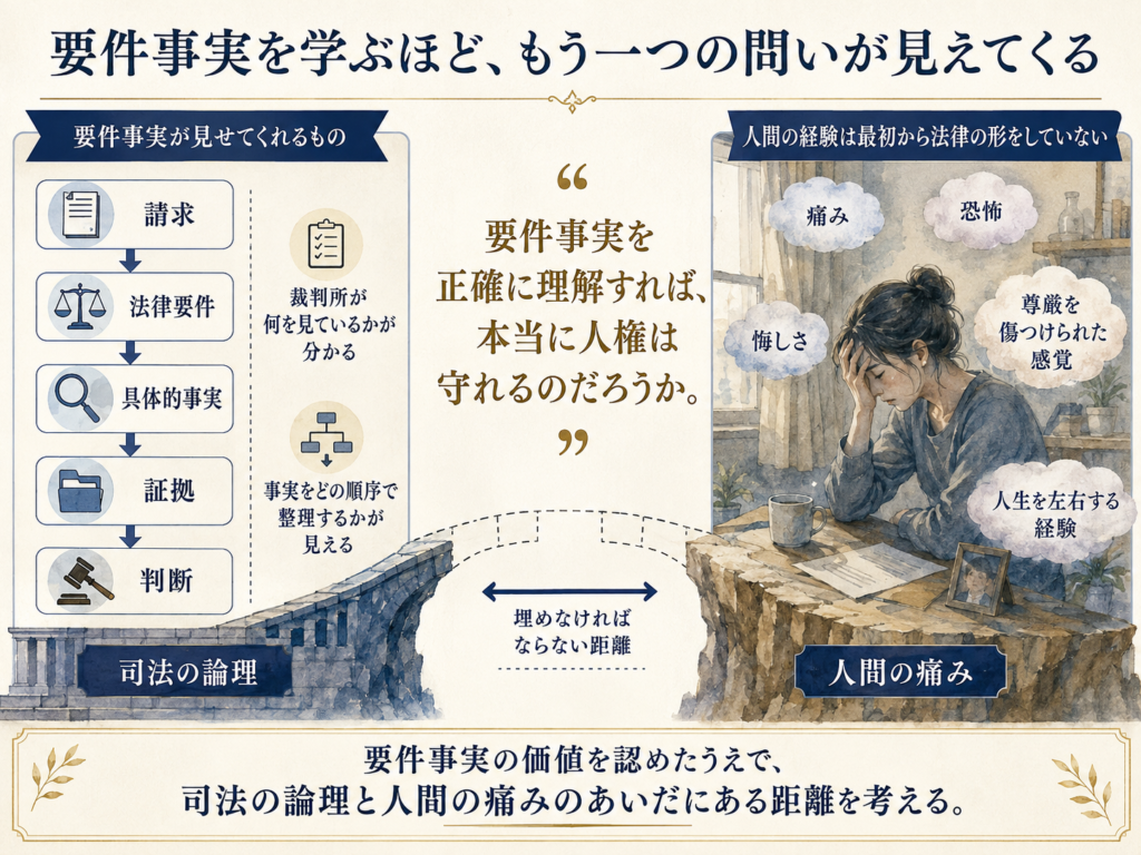 「要件事実を学ぶほど、もう一つの問いが見えてくる」という主題の図解。左側では、請求・法律要件・具体的事実・証拠・判断という司法の論理を示し、要件事実によって裁判所が何を見て、どの順序で事実を整理するのかが分かることを表している。中央には「要件事実を正確に理解すれば、本当に人権は守れるのだろうか」という問いを配置。右側では、痛み、恐怖、悔しさ、尊厳を傷つけられた感覚、人生を左右する経験など、人間の現実は最初から法律の形をしているわけではないことを示している。下部では、要件事実の価値を認めたうえで、司法の論理と人間の痛みのあいだにある距離を考える必要があるとまとめている。