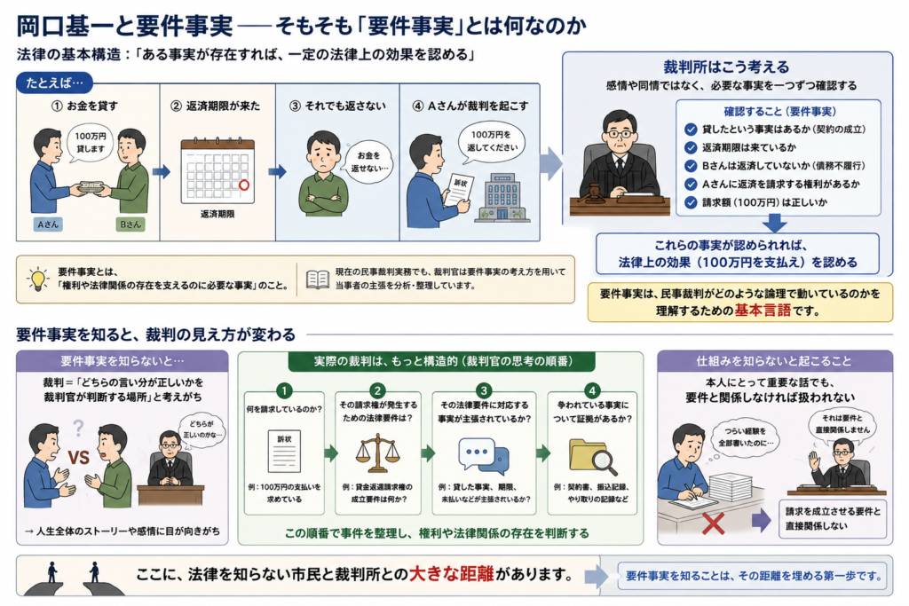 岡口基一氏の要件事実を、100万円の貸金請求を例に図解した画像。AさんがBさんに100万円を貸し、返済期限が過ぎても返済されないため裁判を起こす流れを示し、裁判所が「請求内容→法律要件→具体的事実→証拠」の順に確認して判断する仕組みを説明している。要件事実は、民事裁判の論理を理解するための基本言語であり、法律を知らない市民と裁判所との距離を埋める考え方であることを表している。