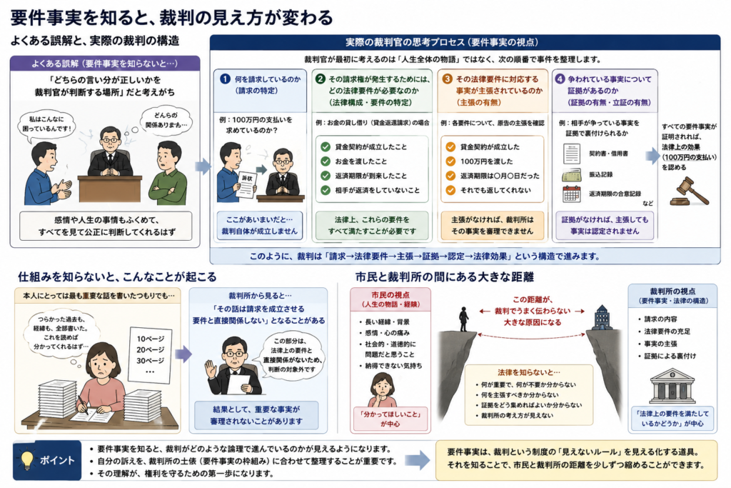 「要件事実を知ると、裁判の見え方が変わる」という見出しの図解。左上では、要件事実を知らない人が裁判を「どちらの言い分が正しいかを裁判官が判断する場所」と考えがちな様子を示している。中央上では、実際の裁判官の思考プロセスとして、①何を請求しているのか、②その請求に必要な法律要件は何か、③その要件に対応する事実が主張されているか、④争いのある事実に証拠があるか、という順番で整理していく流れを図示。左下では、本人が重要だと思う長い事情説明を書いても、裁判所からは「請求を成立させる要件と直接関係しない」と見なされることがある様子を示す。中央下では、市民の視点と裁判所の視点の間に大きな距離があることを崖の図で表現し、右下では、要件事実を知ることがその距離を縮め、裁判の仕組みを理解する第一歩になるとまとめている。