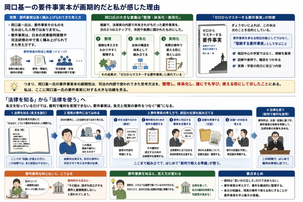 岡口基一氏の要件事実本が画期的だと感じる理由を図解した画像。上段では、要件事実が岡口氏によって生み出されたものではなく、日本の民事裁判実務や司法研修の中で蓄積されてきた考え方であることを示し、そのうえで岡口氏の功績を「整理・体系化・実用化」にあると説明している。下段では、「法律を知る」だけでなく、現実の事件に条文を当てはめ、請求内容、法律要件、具体的事実、証拠、相手の反論への対応まで組み立てて、初めて「法律を使う」ことができる流れを図示。要件事実が、条文と現実の事件をつなぐ橋であることを表している。