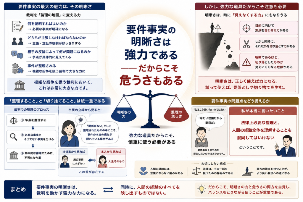 中央に大きく「要件事実の明晰さは強力である――だからこそ危うさもある」と配置した図解。左側では、要件事実の明晰さによって「何を証明すればよいか」「どちらが主張するか」「相手の反論で何が問題になるか」が明確になり、複雑な紛争を整理できる強みを示している。右側では、その明晰さが「見えなくする力」にもなりうることを示し、焦点を絞る一方で、それ以外の事情を切り落とす危険を表現している。下部では、「整理すること」と「切り捨てること」は紙一重であり、裁判所にとっては周辺事情でも、本人にとっては人生そのものである場合があると説明。全体として、法律上必要な整理と、人間の経験全体を理解することを混同してはいけない、という主旨を表している。