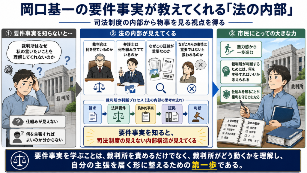 岡口基一氏の要件事実が教える「法の内部」を図解した画像。左では、要件事実を知らない市民が「裁判所はなぜ自分の言いたいことを理解してくれないのか」と戸惑う様子を示す。中央では、裁判官が何を見るのか、弁護士が何を組み立てるのか、なぜ特定の証拠が重要なのかを整理し、「請求→法律要件→具体的事実→証拠→判断」という裁判所の思考過程を図示。右では、要件事実を知ることで、市民が「裁判所が判断するために何を主張すればよいか」を考えられるようになり、無力感から一歩進めることを表している。