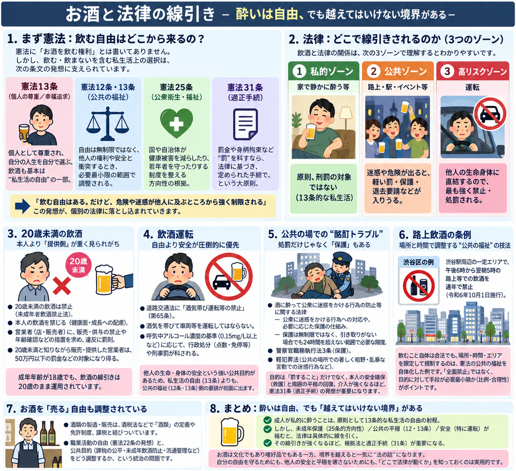 お酒と法律の線引きを示した図解。憲法13条の個人の尊重・幸福追求を基礎に、成人が家など私的な場で飲酒することは原則自由である一方、公共の福祉や他人の生命・安全との関係で制限される仕組みを整理している。飲酒を「私的ゾーン」「公共ゾーン」「高リスクゾーン」の3つに分け、20歳未満の飲酒禁止と提供者への規制、道路交通法による飲酒運転の厳格な禁止、酩酊による公共の迷惑行為への処罰や保護、渋谷区などの路上飲酒条例、酒類販売の免許制度を紹介。規制が強くなるほど、憲法31条の適正手続と明確な法的根拠が重要になることを示している。