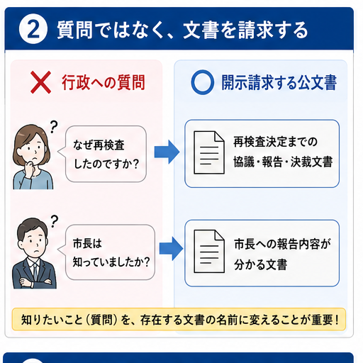 行政への質問を、開示請求できる具体的な公文書へ変換する考え方を示した図
