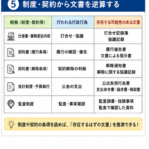 仕様書や契約条項、会計制度から存在するはずの行政文書を逆算する方法