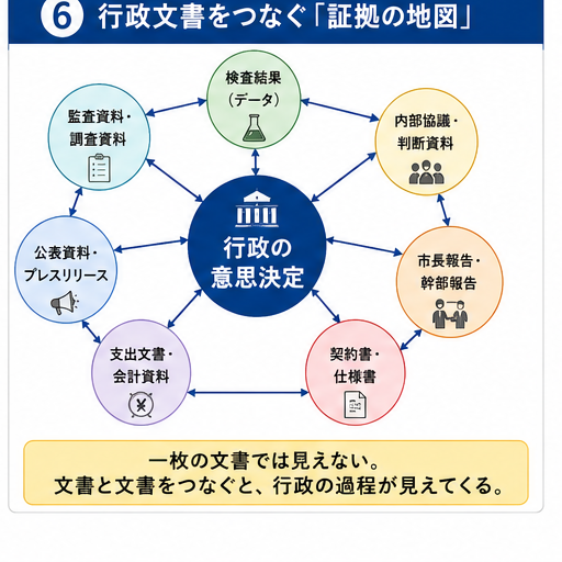 複数の行政文書をつなぎ、行政の意思決定過程を再構成する証拠の地図のイメージ