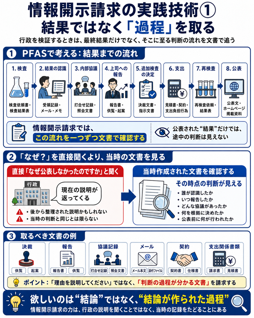 情報開示請求の実践技術として、行政が公表した最終結果ではなく、その結論に至るまでの「過程」を文書で追う方法を示した図解。PFASを例に、検査、結果の認識、内部協議、上司への報告、追加検査の決定、支出、再検査、公表までの流れを整理し、各段階に対応する検査結果表、受領記録、メール、打合せ記録、報告書、決裁文書、見積書、契約書、支出関係書類などを情報開示請求で確認する考え方を説明している。「なぜ公表しなかったのか」と現在の行政に直接聞くのではなく、当時作成された決裁、報告、協議記録、メール、契約などを取得し、その時点で誰が何を認識し、どのように判断したのかを検証することが重要だと示している。