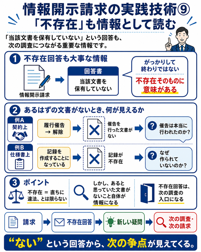 情報開示請求の実践技術として、「当該文書を保有していない」という不存在回答も重要な情報として読む方法を示した図解。契約上、履行催告を経て解除する仕組みなのに催告を行った文書が存在しない場合は「催告は本当に行われたのか」という疑問が生まれ、仕様書で作成することになっている記録が不存在なら「なぜ作られていないのか」という新たな調査課題につながることを説明している。不存在だから直ちに違法とは限らないが、あるはずだと考えていた文書が存在しない事実自体が情報となり、「請求→不存在回答→新しい疑問→次の調査・次の請求」へ進む入口になることを示した画像。