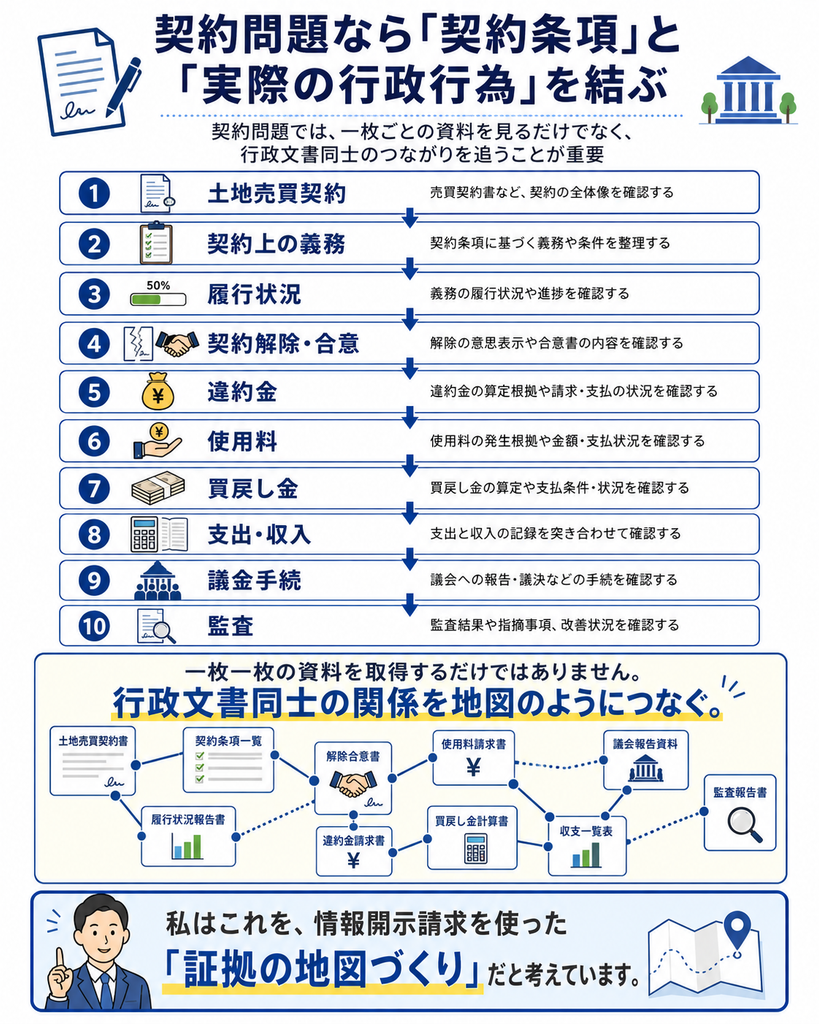 契約問題を情報開示請求で調べる際に、契約条項と実際の行政行為を結び付けて検証する方法を示した図解。春日井市と花王株式会社との土地買戻し問題を例に、土地売買契約、契約上の義務、履行状況、契約解除・合意、違約金、使用料、買戻し金、支出・収入、議会手続、監査という10段階の流れを整理している。各段階で、土地売買契約書、契約条項一覧、履行状況報告書、解除合意書、違約金請求書、使用料請求書、買戻し金計算書、収支一覧表、議会報告資料、監査報告書などの行政文書が相互につながっていることを示し、一枚ずつ資料を集めるだけでなく、文書同士の関係を地図のように結んでいくことが重要だと説明している。情報開示請求によって契約上の義務が実際にどう履行され、解除や金銭の算定、支出・収入、議会手続、監査へどうつながったのかを追跡し、行政判断と財務会計行為の全体像を可視化する方法を「証拠の地図づくり」と表現している。
