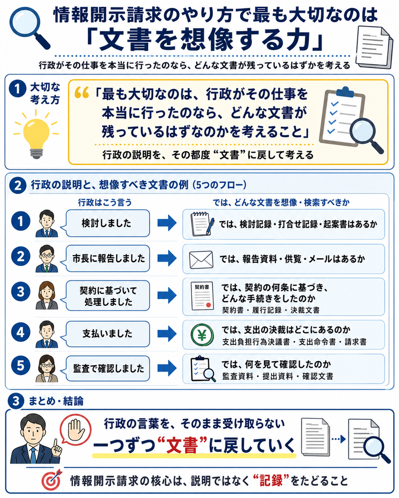 情報開示請求で最も重要なのは、行政がその仕事を本当に行ったのであれば、どのような文書や記録が残っているはずかを想像することだと説明する図解。行政が「検討しました」と言えば検討記録や打合せ記録、起案書がないかを確認し、「市長に報告しました」と言えば報告資料、供覧、メールなどを探す。「契約に基づいて処理しました」と言えば、契約の何条に基づき、どの手続を行ったのかを契約書、履行記録、決裁文書で確認し、「支払いました」と言えば支出負担行為決議書、支出命令書、請求書などの財務会計文書を確認する。また、「監査で確認しました」と言えば、監査委員が何の資料を見て確認したのかを監査資料や提出資料から追う。行政の説明をそのまま受け取るのではなく、一つずつ具体的な文書や記録に戻して検証することが、情報開示請求の核心であるとまとめている。