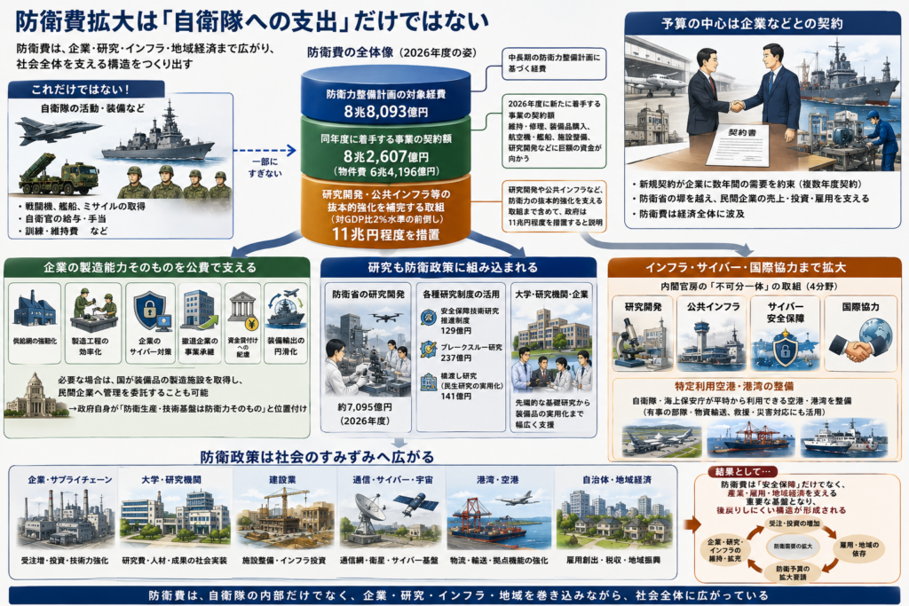 防衛費拡大が、自衛隊の装備や人件費だけでなく、防衛企業との契約、製造基盤への公的支援、大学・研究機関の研究開発、空港・港湾、サイバー、宇宙、自治体や地域経済まで広がっている構造を示す図解。