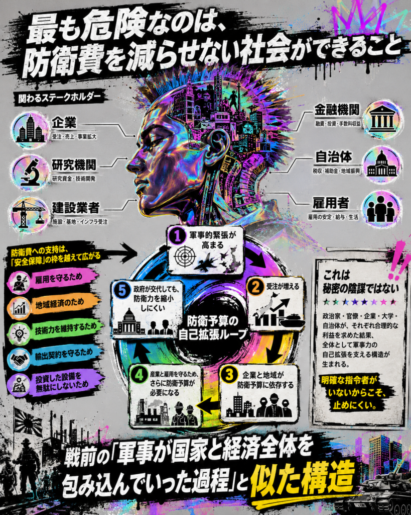 HIPHOP風の鮮やかな人物ビジュアルを中心に、防衛費拡大によって企業、研究機関、建設業者、金融機関、自治体、雇用者が利益を得て、防衛予算への依存が広がり、防衛費を減らしにくい社会が循環的に形成される構造を示した図解。