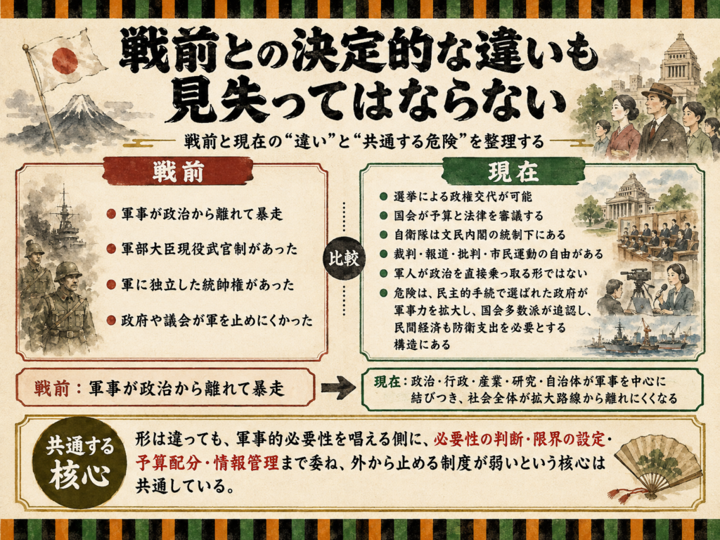 戦前と現在の軍事拡大の違いを比較し、戦前は軍事が政治から離れて暴走したのに対し、現在は政治・行政・産業・研究・自治体が軍事を中心に結びつく危険があることを示す図解。両者に共通する、軍事的必要性を外から止める制度の弱さも示している。
