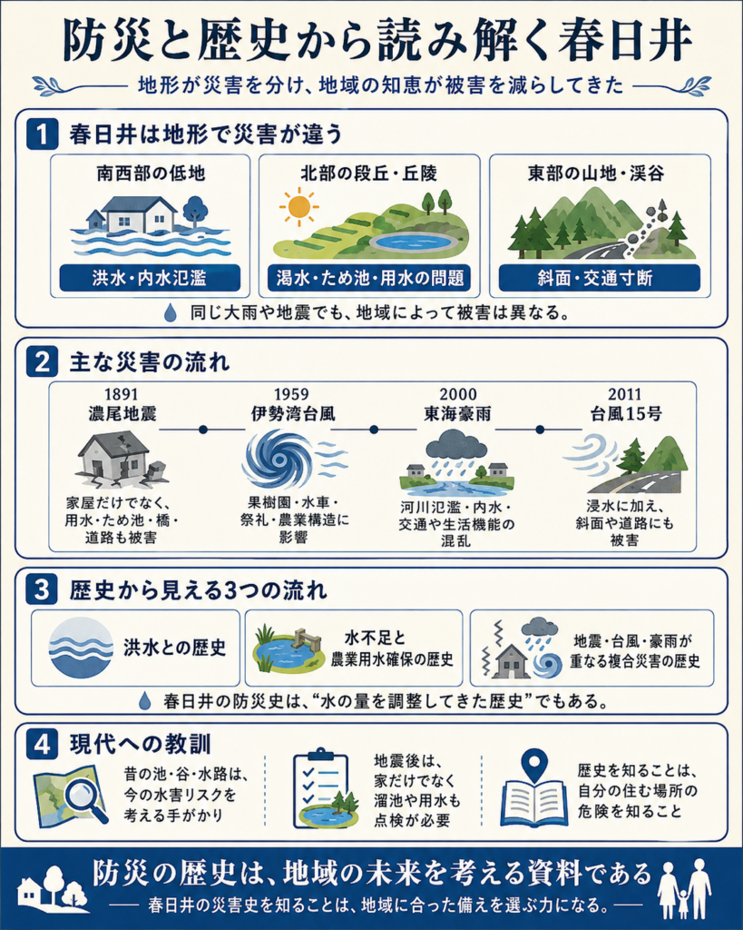 防災と歴史から読み解く春日井。南西部の洪水・内水氾濫、北部の渇水とため池、東部の斜面・交通被害、濃尾地震・伊勢湾台風・東海豪雨・台風15号を示す防災史の図解。