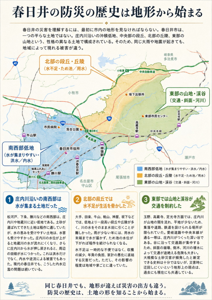 春日井の防災の歴史を地形から解説した図。南西部低地の洪水・内水、北部の段丘・丘陵の水不足、東部の山地・渓谷の交通・斜面リスクを地図で示す