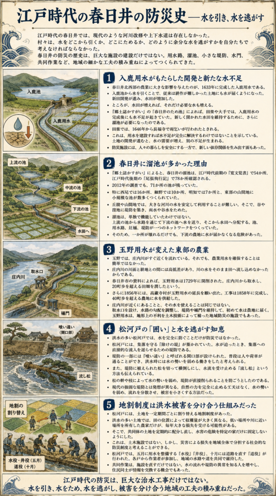 江戸時代の春日井の防災の歴史を示す図。入鹿用水、ため池、玉野用水、松河戸の堤防や流し松、地割制度など、水を引き・ため・逃がす地域の知恵を解説