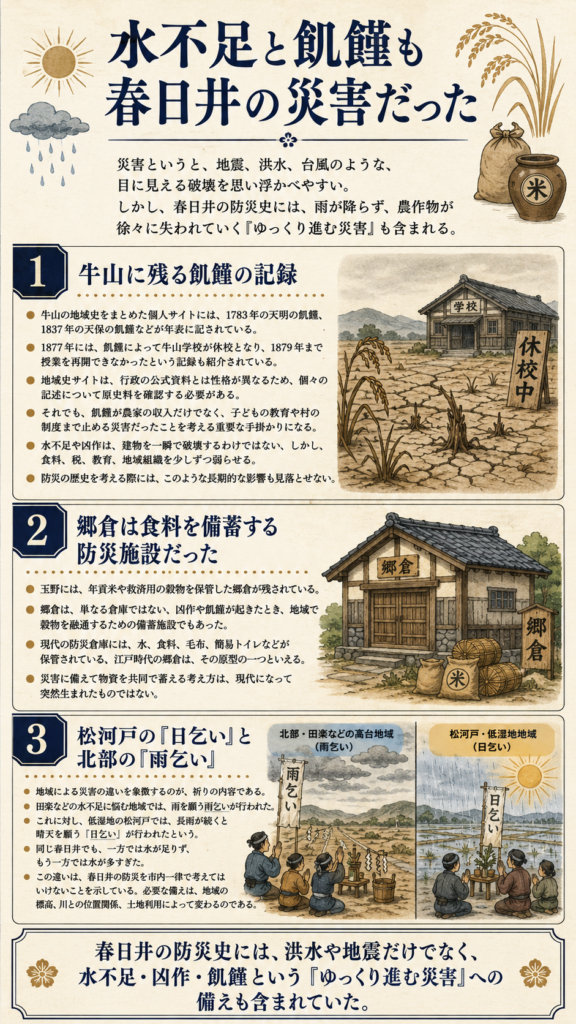 春日井の防災の歴史における水不足と飢饉を解説した図。牛山の飢饉記録、玉野の郷倉、田楽の雨乞い、松河戸の日乞いから地域ごとの災害と備えを紹介