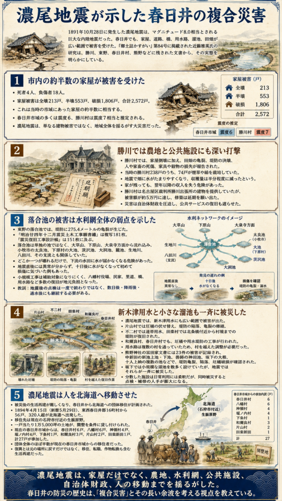 濃尾地震が春日井にもたらした複合災害を示す図。家屋被害、勝川の農地・公共施設、落合池や新木津用水など水利網の損傷、北海道への団体移住までを解説