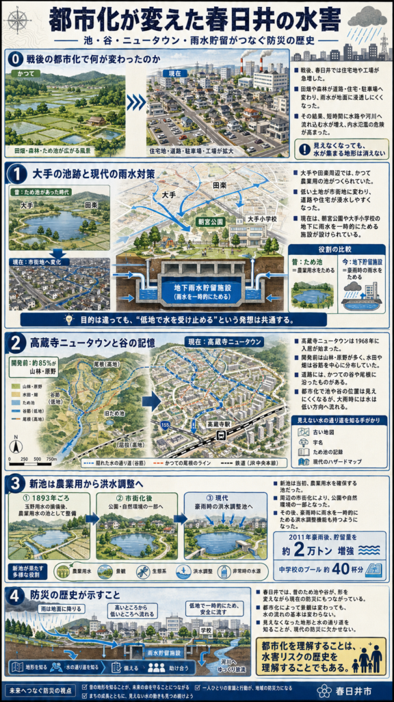 都市化が変えた春日井の水害を解説した縦長インフォグラフィック。戦後の都市化によって田畑やため池が住宅地・道路・工場へ変化し、雨水が地面に浸透しにくくなって内水氾濫の危険が高まったことを示す。大手の池跡と地下雨水貯留施設、高蔵寺ニュータウンと谷の記憶、新池の農業用水から洪水調整池への役割変化を地図や断面図で説明し、見えなくなった地形と水の通り道を知ることが現代の防災に重要だとまとめている。