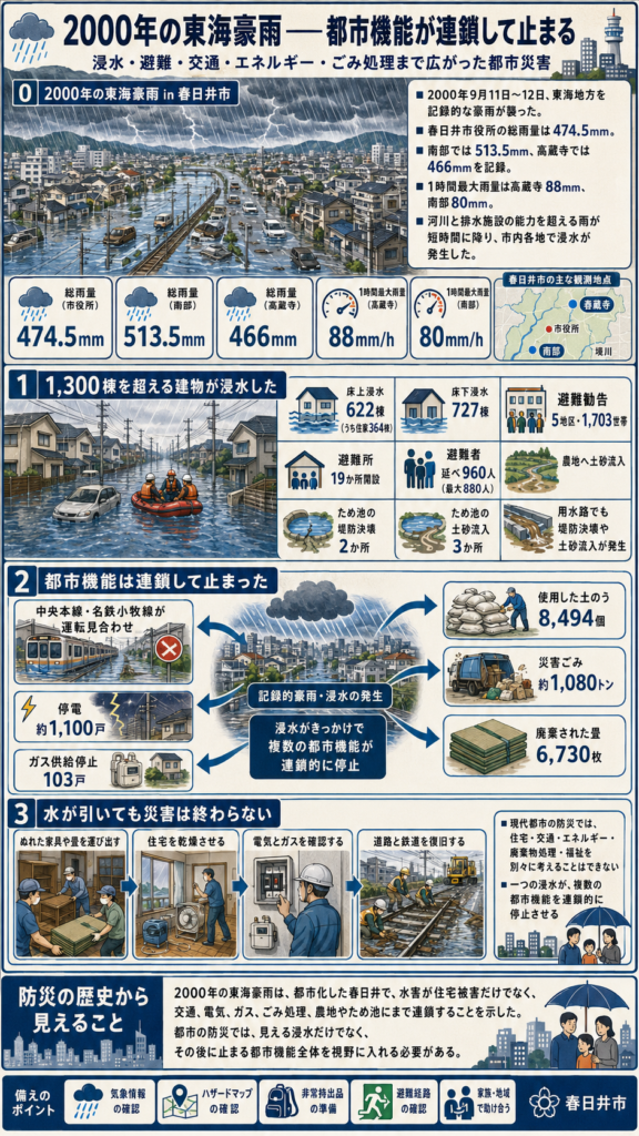 2000年の東海豪雨が春日井にもたらした被害を解説した縦長インフォグラフィック。総雨量や時間雨量、1,300棟を超える浸水被害、避難所開設、ため池や用水路の被害に加え、鉄道の運休、停電、ガス停止、災害ごみ処理など、都市機能が連鎖的に止まったことを図解している。