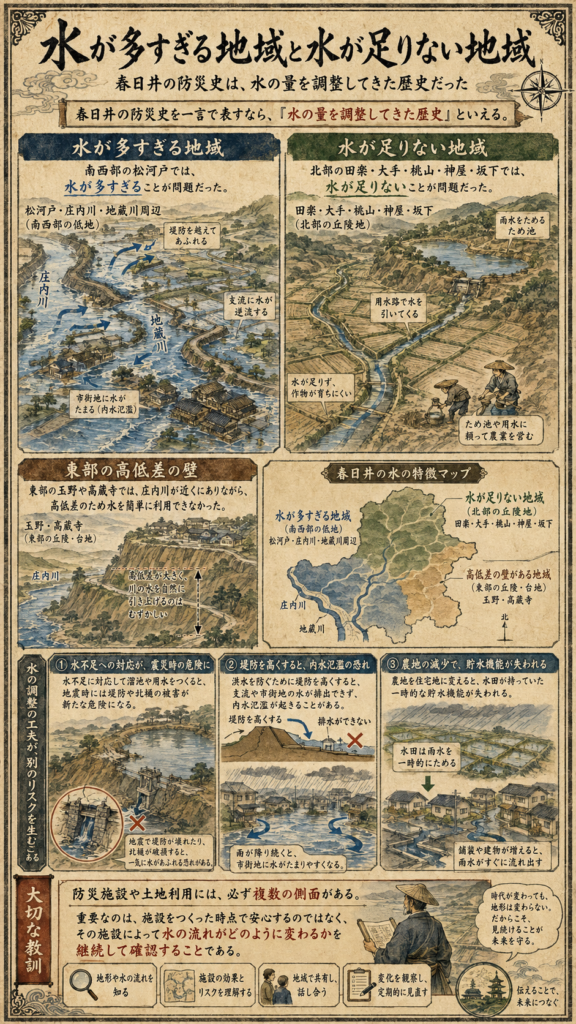 水が多すぎる地域と水が足りない地域を歴史風に解説した縦長インフォグラフィック。春日井の防災史を「水の量を調整してきた歴史」として示し、南西部の松河戸・庄内川・地蔵川周辺では洪水と内水氾濫、北部の田楽・大手・桃山・神屋・坂下では水不足とため池・用水への依存、東部の玉野・高蔵寺では高低差による取水の難しさを、古地図風の図と地域図で比較している。さらに、ため池や用水は地震時に新たな危険となること、堤防を高くすると内水氾濫の恐れがあること、農地の減少で貯水機能が失われることを歴史画風の小図で説明し、防災施設や土地利用には複数の側面があるとまとめている。