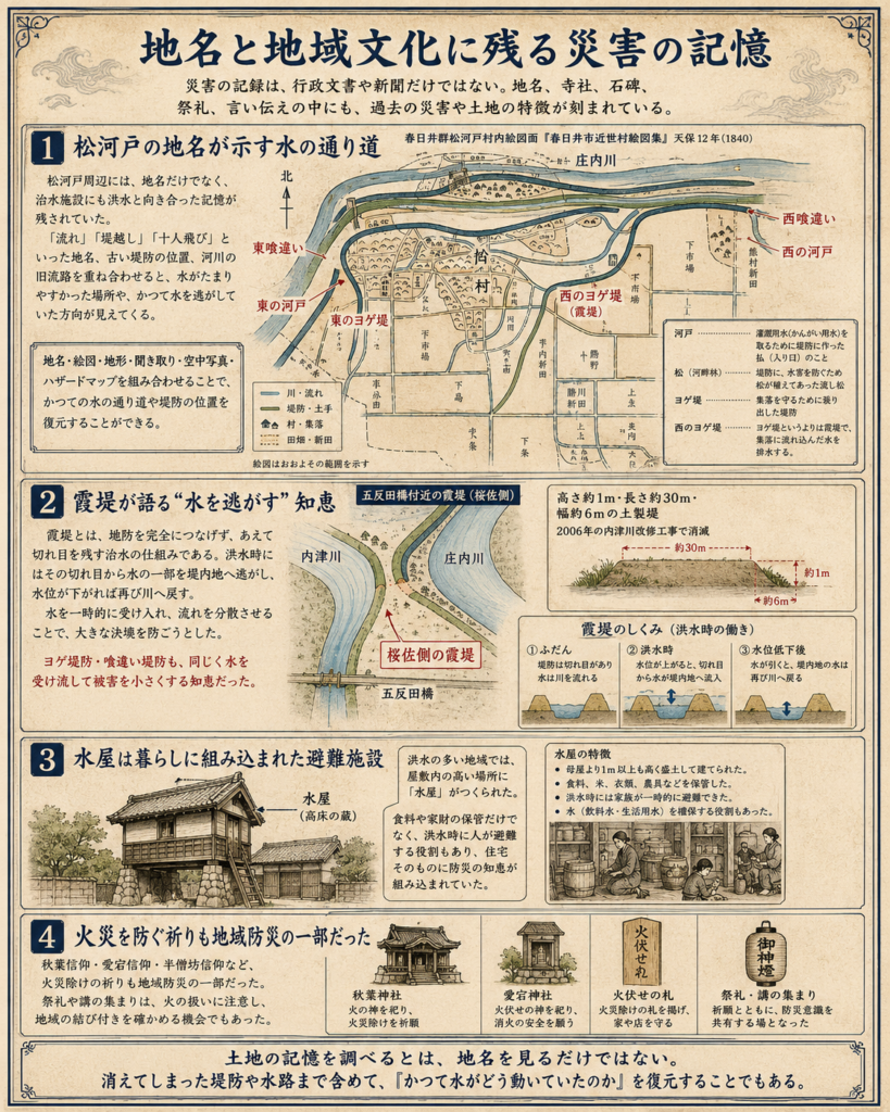 地名と地域文化に残る災害の記憶を解説した歴史風インフォグラフィック。松河戸の古地図と霞堤の図を用い、「流れ」「堤越し」「十人飛び」などの地名、五反田橋付近の霞堤、水屋、秋葉信仰・愛宕信仰・半僧坊信仰などを通して、春日井で災害の記憶が地名や地域文化に残されてきたことを示している。