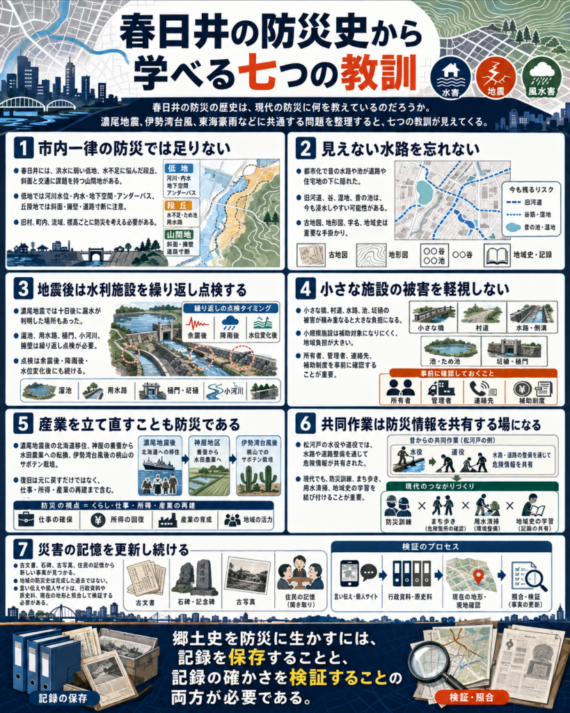 春日井の防災の歴史から学ぶ七つの教訓をまとめた都市型インフォグラフィック。地域ごとの防災、見えない水路、水利施設の継続点検、小規模施設の被害、産業再建、共同作業による情報共有、災害記録の保存と検証の重要性を図解している。