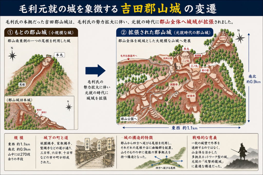 毛利元就の城を象徴する吉田郡山城の変遷を示した図。郡山南東側の尾根を利用した旧城から、元就の時代に郡山全体へ拡張された大規模な山城へ発展した流れを、縄張図と矢印で示している。東西約1.1キロ、南北約0.9キロ、270段余の平段、城下の市や道、尾根に沿って複数の曲輪群が配置された構造的特徴も説明している。