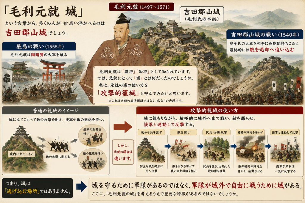 毛利元就の肖像と吉田郡山城、厳島の戦い・吉田郡山城の戦いを組み合わせ、「攻撃的籠城」の考え方を示した図。城を安全な拠点として城外へ出撃し、敵を誘導・分断し、補給や陣地を脅かしながら援軍と連動して反撃する、毛利元就の城の使い方を解説している。
