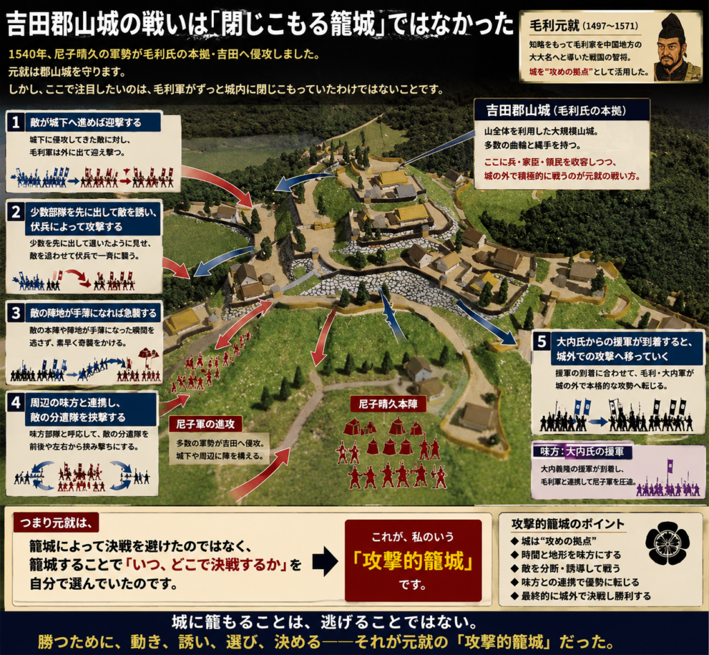 吉田郡山城の戦いで、毛利元就が城に閉じこもらず、迎撃・伏兵・急襲・挟撃・大内氏援軍との連携によって「攻撃的籠城」を展開した様子を示すイメージ図。