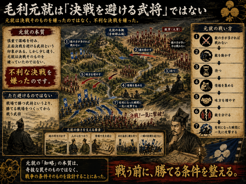 毛利元就が不利な決戦を避け、敵を動かし、待ち、情報と味方を集め、敵を分断したうえで有利な瞬間に攻撃する戦略を図解したイメージ。「勝てる戦場をつくってから戦う」知略を表現している。