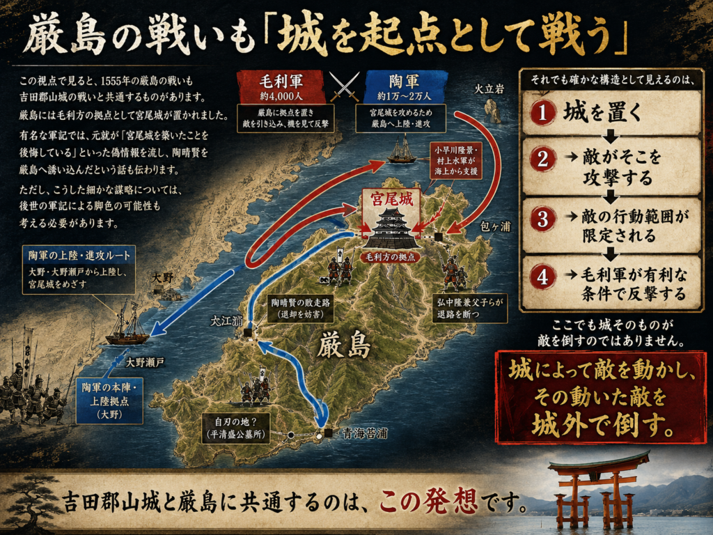 厳島の戦いを「城を起点として戦う」という視点で図解したイメージ。宮尾城を毛利方の拠点として置き、陶軍がそれを攻撃することで行動範囲が限定され、毛利軍が有利な条件で海上・陸上から反撃する流れを示している。