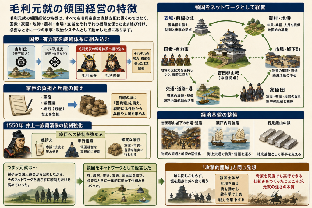 毛利元就の領国経営を図解。吉川氏・小早川氏などの国衆、家臣団、農村、市場、支城、道路・港、瀬戸内海航路、石見銀山をネットワークとして結び、軍役・兵糧・物流・統制を一体化して「攻撃的籠城」を支える仕組みを示している。