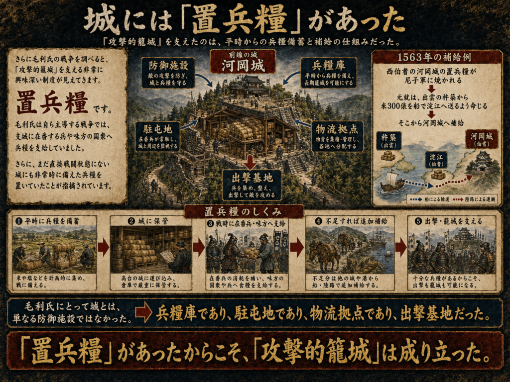 毛利氏の城に「置兵糧」が備えられていたことを図解。城を防御施設としてだけでなく、兵糧庫・駐屯地・物流拠点・出撃基地として位置づけ、平時の備蓄、戦時の支給、1563年の河岡城への補給例を通じて、「攻撃的籠城」を支える兵站の仕組みを示している。