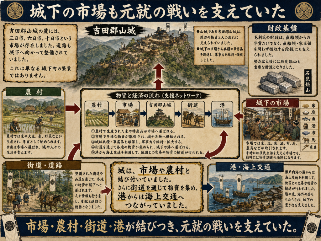 吉田郡山城の城下で、市場・農村・街道・港がつながり、米・塩・魚・酒・布・馬・農具などの物資と財源が城へ集まって、毛利元就の戦いを支えていたことを図解したイメージ。城が市場や農村、海上交通と結びついた経済・物流の中心だったことを示している。