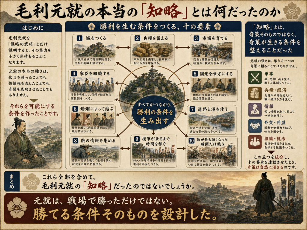 毛利元就の本当の「知略」を図解。伏兵や奇襲そのものではなく、城を築き、兵糧を蓄え、市場を育て、家臣や国衆を組織し、婚姻・道路・港・情報・時間を活用して、勝てる条件そのものを設計したことが元就の強さだったと示している。