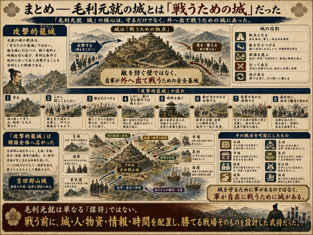 毛利元就の城を「戦うための城」として総まとめした図解。城を守るために閉じこもるのではなく、安全基地として兵を外へ出し、敵を引きつけ、時間を稼ぎ、分断された敵を攻撃し、援軍や支城・兵糧・市場・農村・海運と連動して城外で勝負を決める「攻撃的籠城」の仕組みを示している。