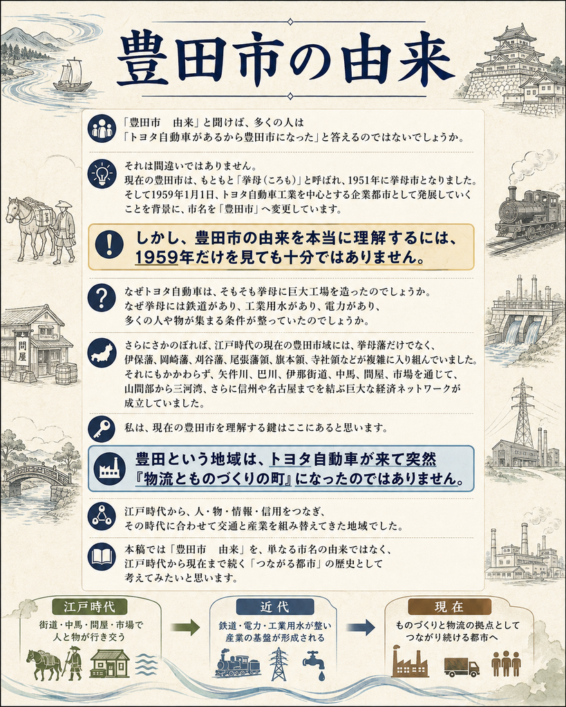 豊田市の由来を、江戸時代の街道・中馬・問屋・市場から、鉄道・電力・工業用水、トヨタ自動車の進出、現在のものづくり都市までの歴史として示した図解。
