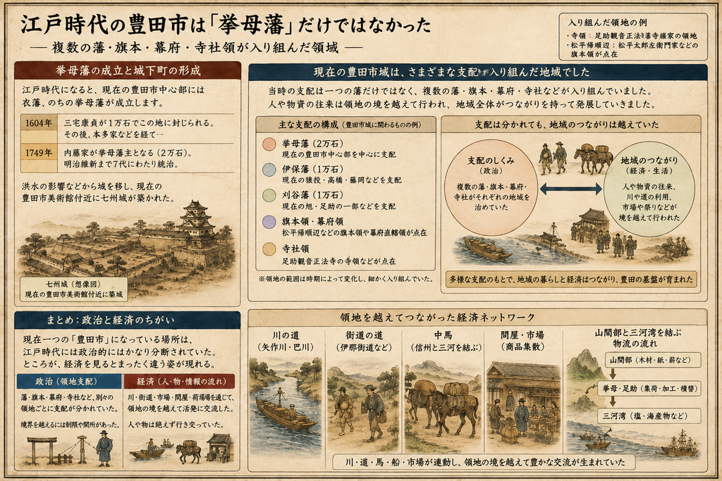 江戸時代の現在の豊田市域が、挙母藩だけでなく、伊保藩、岡崎藩、刈谷藩、幕府領、旗本領、寺社領など複数の支配に分かれていたことを示す歴史資料風の図解。1604年の三宅康貞による衣藩成立、1749年の内藤家入封、七州城の形成を紹介しつつ、政治的には分断されていても、矢作川・巴川の舟運、伊那街道、中馬、問屋、市場を通じて人や物が領地を越えて交流していたことを示している。下部には川船、街道を歩く人々、荷を運ぶ馬、問屋や市場、山間部と三河湾を結ぶ物流の流れが描かれ、江戸時代の豊田地域が複数の領主支配のもとでも経済的にはつながっていたことを表現している。