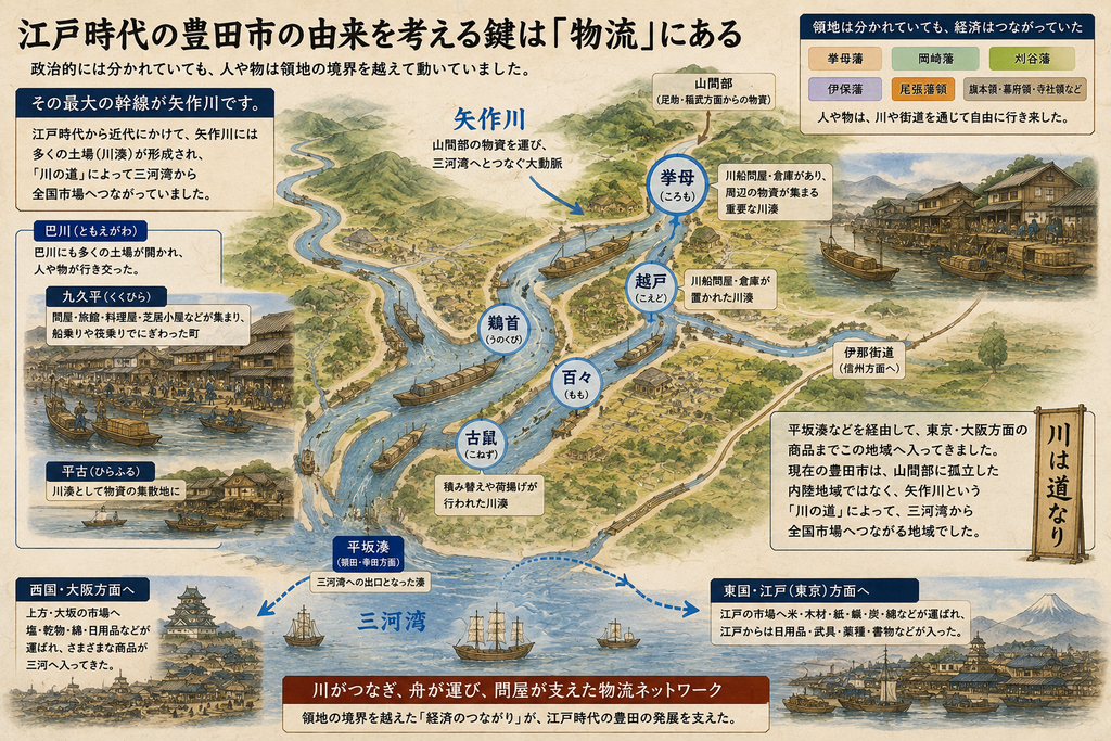 江戸時代の豊田市の成り立ちを、物流の視点から描いた地図風インフォグラフィック。中央に矢作川と巴川が流れ、山間部から三河湾へと続く「川の道」が大きく示されている。川沿いには挙母、越戸、鵜首、百々、古鼠などの川湊(土場)が配置され、挙母と越戸には川船問屋や倉庫が置かれた重要な集荷拠点として描かれている。巴川沿いには九久平と平古が示され、九久平には問屋、旅館、料理屋、芝居小屋などが集まり、船乗りや筏乗りでにぎわう町の様子が挿絵で表現されている。右側には伊那街道が描かれ、山間部や信州方面とつながる陸路の存在も示されている。下部には三河湾と平坂湊があり、さらに西国・大阪方面や東国・江戸方面へ向かう航路が矢印で示され、塩、木材、紙、綿、米、日用品などの商品がこの地域に流入・流出していたことが説明されている。全体として、江戸時代の現在の豊田市が山間部に孤立した内陸地域ではなく、矢作川を中心とする水運と街道によって三河湾から全国市場へつながる物流ネットワークの要地だったことを伝える図解になっている。