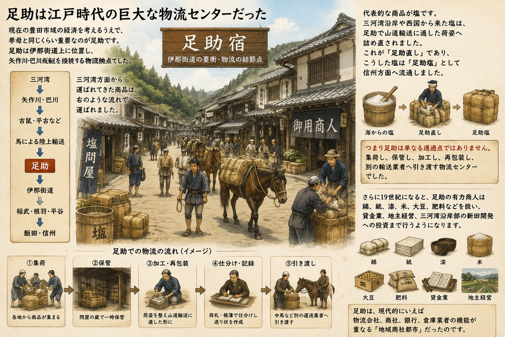 江戸時代の足助を物流拠点として描いた歴史解説イラスト。伊那街道沿いの町並みに、荷物を積んだ馬、中馬、商人、問屋、倉庫が並び、三河湾から矢作川・巴川、古鼠・平古を経て足助へ運ばれた塩が『足助直し』によって山道輸送向けに再包装され、稲武・根羽・平谷を通って飯田・信州方面へ運ばれる流れを示している。足助では商品の集荷、保管、加工・再包装、帳簿による仕分け・記録、中馬など別の輸送業者への引き渡しが行われたことを図解。さらに19世紀には、綿、紙、漆、米、大豆、肥料などを扱う商人が貸金業や地主経営、新田開発への投資にも進出し、足助が物流会社・商社・銀行・倉庫業者の機能を併せ持つ『地域商社都市』だったことを表現している。江戸時代の物流ネットワークから豊田市の由来を考える資料イメージ。