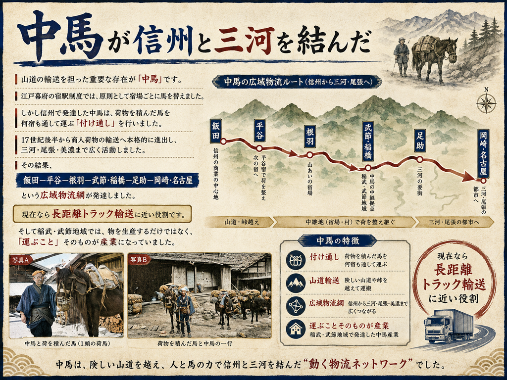 江戸時代の中馬による広域物流を解説した歴史図解。大見出しは『中馬が信州と三河を結んだ』。左側には、中馬が山道輸送を担い、宿場ごとに馬を替える宿駅制度と異なり、荷物を積んだ馬を何宿も通して運ぶ『付け通し』を行ったこと、17世紀後半から商人荷物輸送に本格進出し、三河・尾張・美濃まで広く活動したことが説明されている。中央には山並みを背景に、飯田―平谷―根羽―武節・稲橋―足助―岡崎・名古屋を結ぶ物流ルートの地図が描かれ、信州から三河・尾張へ至る流れを赤い線で示している。各地点には、飯田は『信州の商業の中心地』、平谷は『山あいの宿場』、武節・稲橋は『中馬の中継拠点』、足助は『三河の要衝』、岡崎・名古屋は『三河・尾張の都市』として位置づけられている。下部には、荷を積んだ馬と中馬の人物をカラー化した2枚の参考写真があり、1枚は中馬と1頭の荷馬、もう1枚は複数の荷馬と中馬の一行を示す。右下には、現代なら長距離トラック輸送に近い役割であったことを示すトラックのイラストがある。あわせて『付け通し』『山道輸送』『広域物流網』『運ぶことそのものが産業』という中馬の特徴が整理され、稲武・武節地域で中馬輸送そのものが地域産業として成立していたことを表現している。全体として、中馬が険しい山道を越えて信州と三河を結んだ“動く物流ネットワーク”だったことを伝える画像。